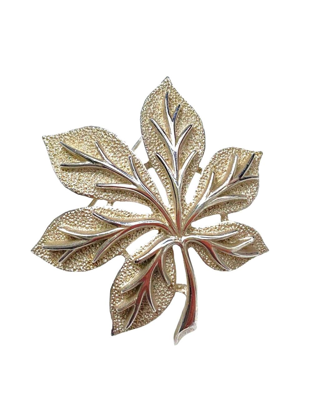 Crown Trifari Leaf Brooch Silver Tone Vintage Signed